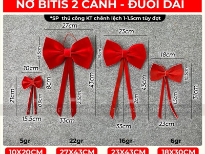 Nơ đỏ Bitis phun nhung 2 cánh - 1 lớp [Đứng form - Nhiều cỡ] PK-NO-07